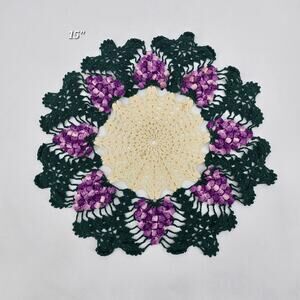 Vintage Crochet Grape Doily 15” | Purple Grapes Cottagecore Table Decor